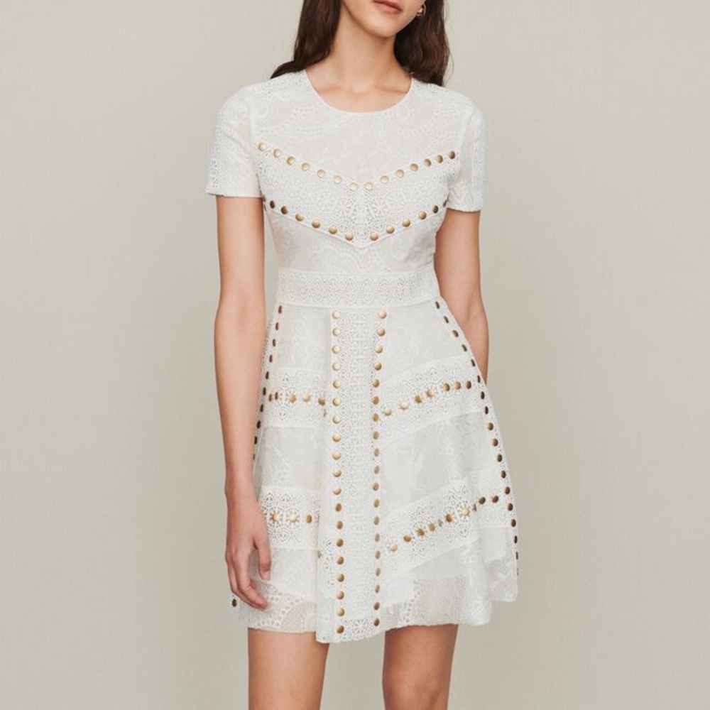 NWT MAJE ROBE A CLOU MANC BLANC SHORT SKATER DRESS WITH STUDS SIZE 1